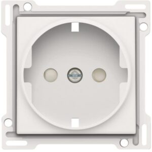 Enjoliveur blanc pour prise de courant avec terre, ouverture ronde, fixation centrale, finition carrée