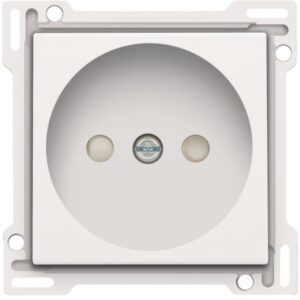 Enjoliveur blanc carré pour prise de courant 2P avec ouverture centrale ronde et deux perçages latéraux