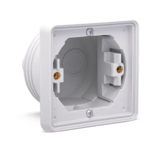 Boîtier encastré carré blanc pour 1 module, contacts laiton, supports de fixation à vis, profondeur standard