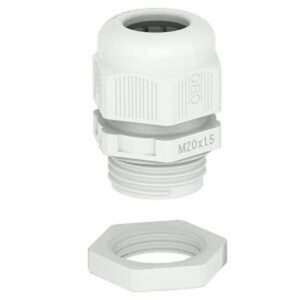 Presse étoupe polyamide gris clair IP68 M20x1,5 avec contre écrou hexagonal