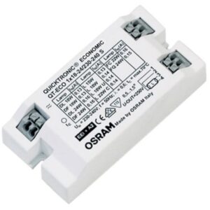 Ballast électronique blanc pour tube fluorescent 1x18W avec bornes à vis et marquage technique