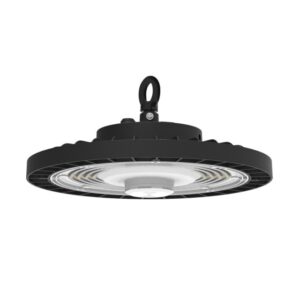 Suspension LED industrielle ronde noire avec diffuseur central et anneau de suspension