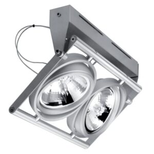 Plafonnier orientable double spot en saillie avec transformateur et finition métal argenté
