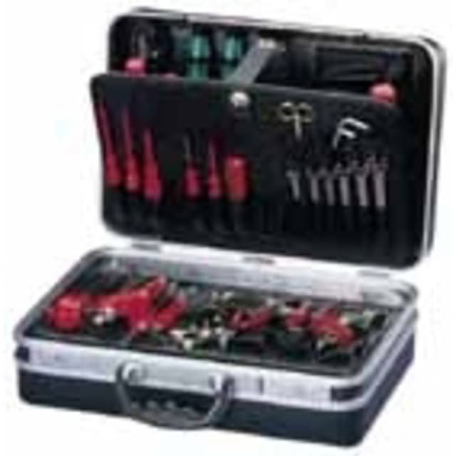 Coffre à outils Parat ABS noir Coffre à outils ABS noir ouvert avec compartiments et outils manuels rouges et noirs
