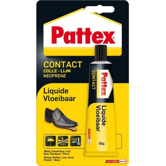 Pattex Colle contact néoprène liquide Flacon de colle contact néoprène fluide jaune pour cuir, métal, bois et caoutchouc