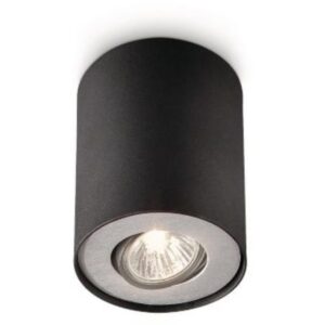 Spot plafond noir cylindrique avec anneau gris et source lumineuse encastrée