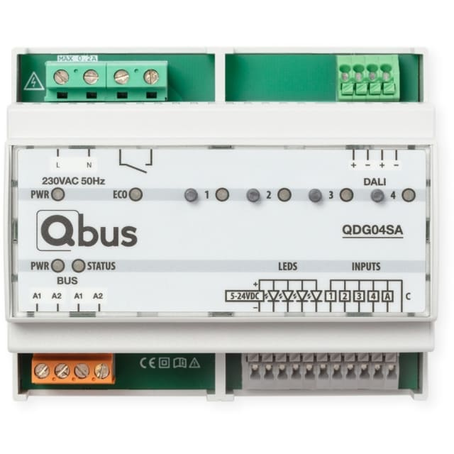 Qbus - Gradateur de groupe autonome Qbus DALI pour 4 groupes. Alimentation intégrée. - QDG04SA Qbus - Gradateur de groupe autonome Qbus DALI pour 4 groupes. Alimentation intégrée. - QDG04SA