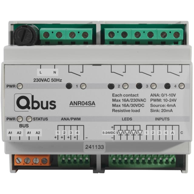 Qbus - Module de règlage analogue (4x 0/1-10V ou PWM + 4x relais) + 5 entrées + LED - ANR04SA Qbus - Module de règlage analogue (4x 0/1-10V ou PWM + 4x relais) + 5 entrées + LED - ANR04SA