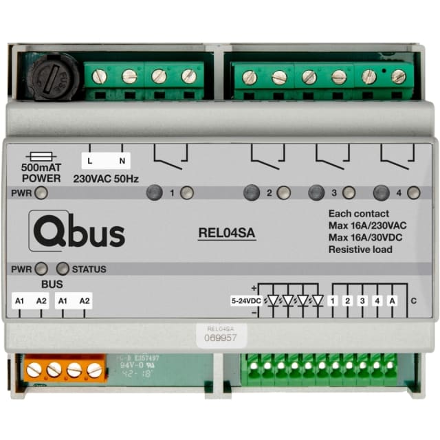 Qbus - Module de relais (4x 16A libre de potentiel) 4 entrees + 1 entree bouton panique - REL04SA Qbus - Module de relais (4x 16A libre de potentiel) 4 entrees + 1 entree bouton panique - REL04SA