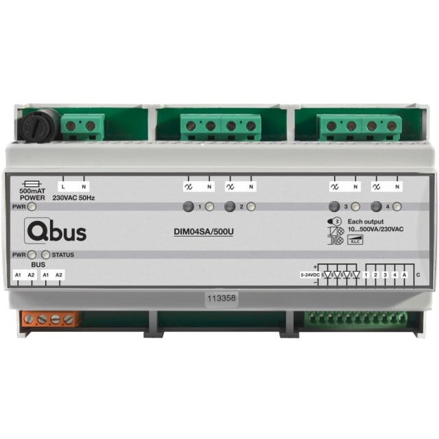 Qbus - Variateur (4x 500VA) Universel avec commande manuelle + 5 entrées + LED - DIM04SA/500U Qbus - Variateur (4x 500VA) Universel avec commande manuelle + 5 entrées + LED - DIM04SA/500U