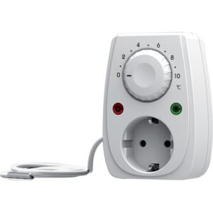 Thermostat antigel blanc avec prise intégrée et molette de réglage graduée