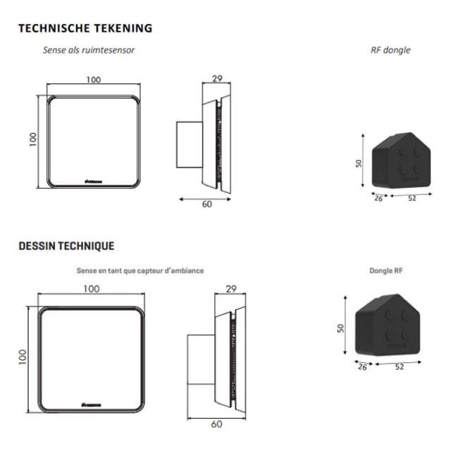 Renson Sense FPF kit capteur d ambiance Kit capteur d ambiance carré avec dongle RF 9490 et schémas techniques de dimensions