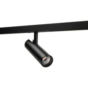 Spot LED noir sur rail 230V orientable avec tête cylindrique et grille anti éblouissement