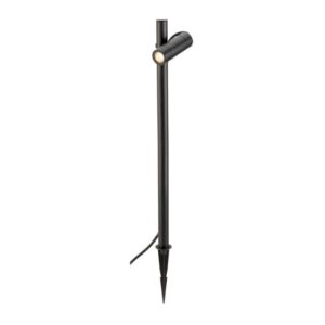 Borne lumineuse extérieure LED noire sur piquet avec tête orientable et câble visible