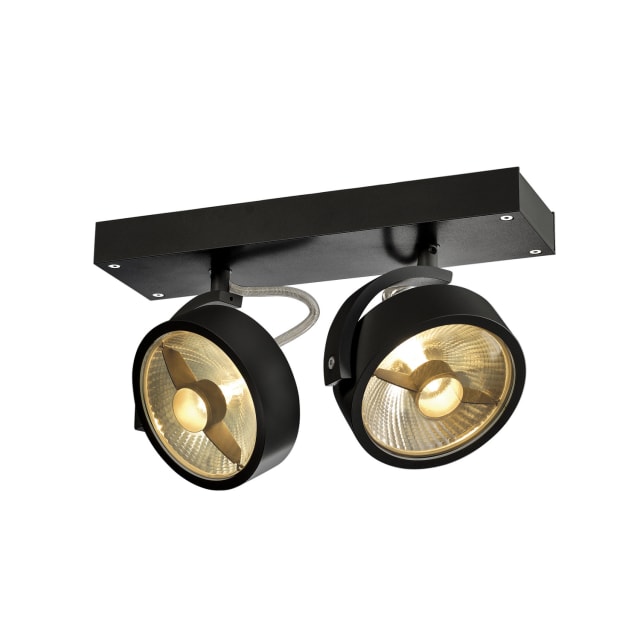 SLV Belgium Kalu plafonnier orientable noir Plafonnier noir à deux spots orientables avec réflecteurs dorés et support rectangulaire