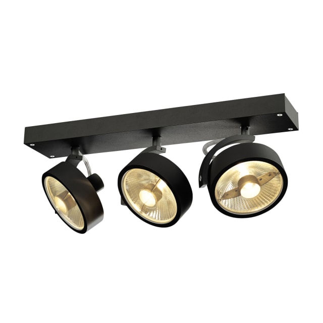 SLV Belgium Kalu Plafonnier orientable noir Plafonnier noir orientable à trois spots cylindriques QPAR111 montés en saillie