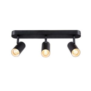 Spot plafond noir à trois têtes orientables avec ampoules visibles