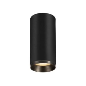 Plafonnier LED cylindrique noir orienté plafond avec anneau intérieur doré et diffusion 3000K