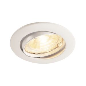 Spot encastrable rond blanc orientable pour plafond avec anneau métallique et source lumineuse apparente