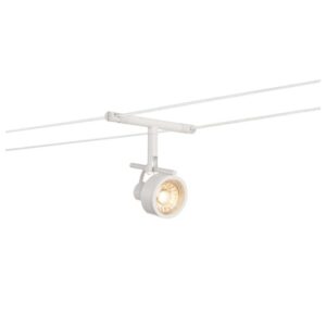 Spot orientable blanc G5 3 monté sur câble avec tête cylindrique et lampe visible