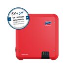 Onduleur photovoltaïque monophasé rouge 3,68 kW avec afficheur numérique et connectique frontale