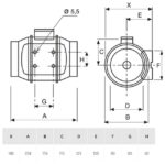 Ventilateur de gaine circulaire Ø125 mm avec cotes techniques et perçages de fixation