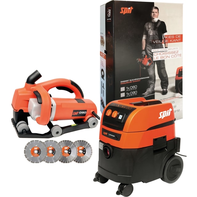 SPIT Rainureuse D90 avec aspirateur Rainureuse D90 orange avec aspirateur noir et quatre disques diamant