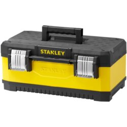 Boîte à outils jaune et noire avec poignée centrale et fermetures métalliques