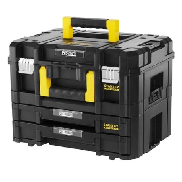 STANLEY PRO STACK Coffret rangement Coffret de rangement noir avec deux tiroirs et poignées jaunes empilable PRO-STACK