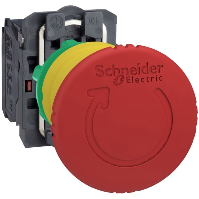 Bouton d'arrêt d'urgence rouge Schneider Automation Harmony XB5 détail produit Détails visibles de Bouton d'arrêt d'urgence rouge Ø40 à déverrouillage pour Arrêts d'urgence