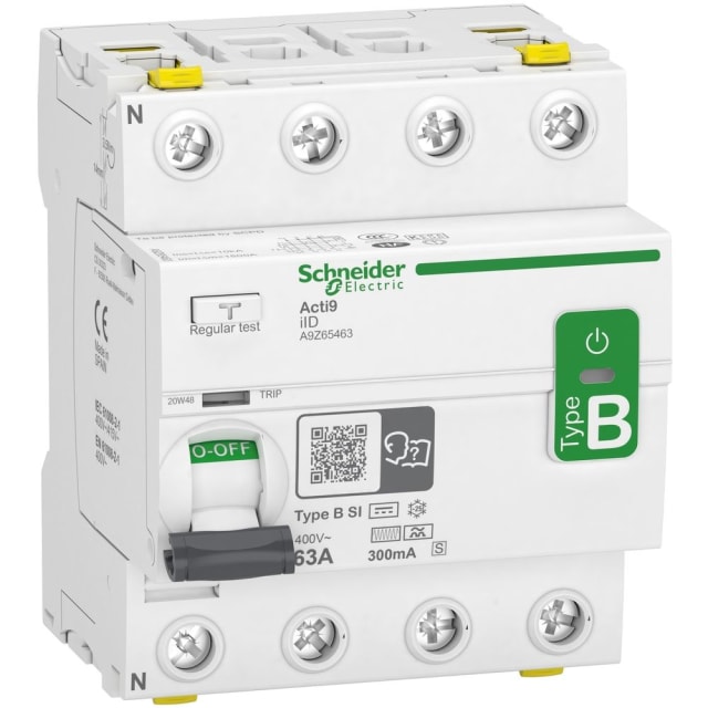 Schneider Distribution - Acti9 iID - Interrupteur différentiel - 4P - 63A - 300mA - S - B-SI type - A9Z65463 Schneider Distribution - Acti9 iID - Interrupteur différentiel - 4P - 63A - 300mA - S - B-SI type - A9Z65463