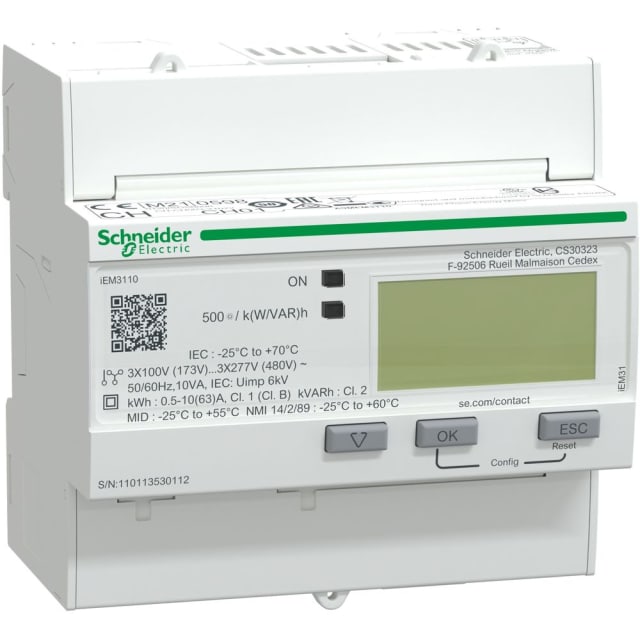 Schneider Distribution - iEM3110 compteur d'énergie triphasé - 63A - 1 sortie numérique - MID - A9MEM3110 Schneider Distribution - iEM3110 compteur d'énergie triphasé - 63A - 1 sortie numérique - MID - A9MEM3110