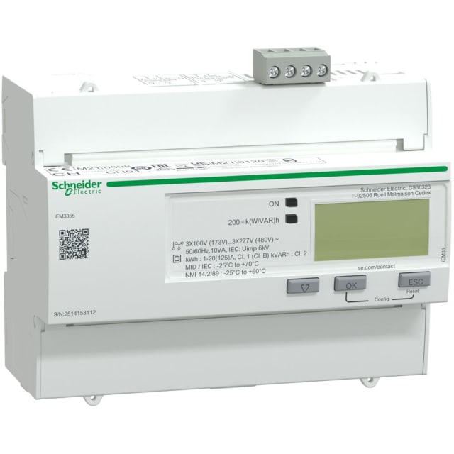 Schneider Distribution - iEM3355 compteur d'énergie - 125A - Modbus - 1 entrée/1 sortie num - multi-tarif - A9MEM3355 Schneider Distribution - iEM3355 compteur d'énergie - 125A - Modbus - 1 entrée/1 sortie num - multi-tarif - A9MEM3355