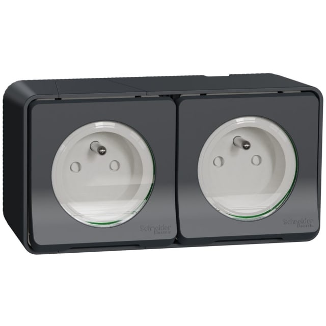 Schneider Residential - Mureva Styl - Double prise 2P+T précâblée horiz - saillie - IP55 - IK08 - gris - MUR36028 Schneider Residential - Mureva Styl - Double prise 2P+T précâblée horiz - saillie - IP55 - IK08 - gris - MUR36028