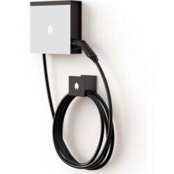Borne de recharge murale blanche avec câble Type 2 noir enroulé, boîtier rectangulaire noir et argent