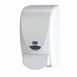 Distributeur de savon mural blanc à réservoir apparent et bouton poussoir frontal