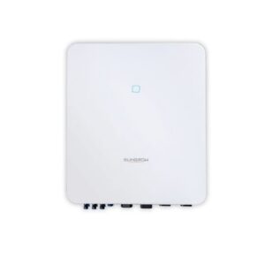 Onduleur hybride triphasé 6 kVA blanc avec connecteurs inférieurs pour installation solaire