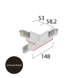Raccord en T pour rail triphasé terre extérieure droit noir, dimensions 148 mm, 58,2 mm et 53 mm