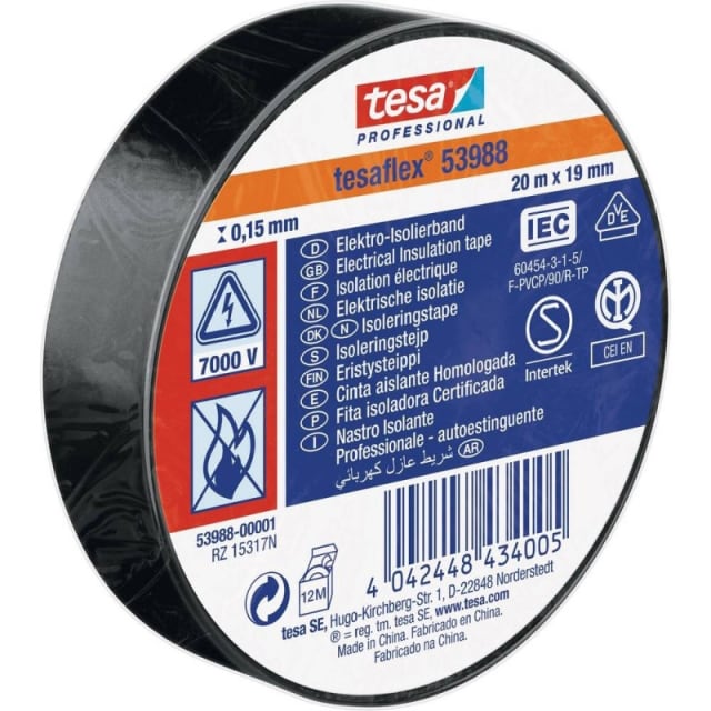 TESA - Ruban adhésif n° 53988 SPVC electrical tape noir L 20M l 19MM - 53988-00001-00 TESA - Ruban adhésif n° 53988 SPVC electrical tape noir L 20M l 19MM - 53988-00001-00