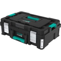 Caisse à outils noire empilable avec poignées turquoise et fermetures métalliques