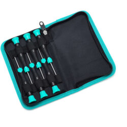 Tournevis de précision magnétiques plats et Phillips avec manches noirs et embouts turquoise, étui de rangement zippé
