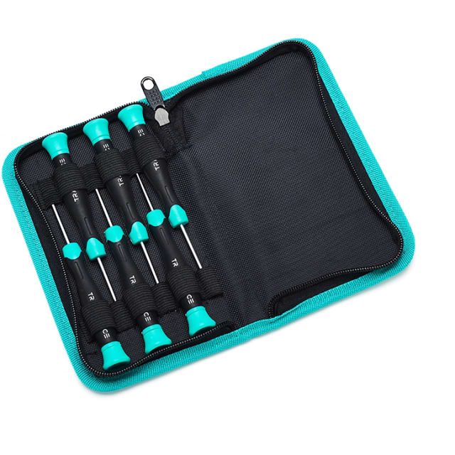TRADEFORCE Tournevis de précision magnétiques plats et Phillips 0118150006 Tournevis de précision magnétiques plats et Phillips avec manches noirs et embouts turquoise, étui de rangement zippé