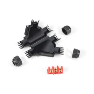 Mini jonction étanche IP68 IP69K 3x4 à 3x2,5 mm² avec bornier rouge et capuchons noirs