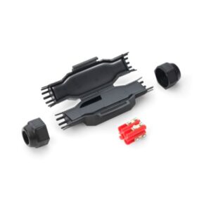 Mini jonction étanche 4×4 mm² IP68 IP69K avec capots noirs et connecteurs rouges