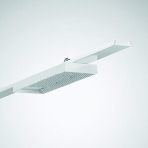 Luminaire linéaire blanc suspendu à double optique asymétrique pour éclairage industriel