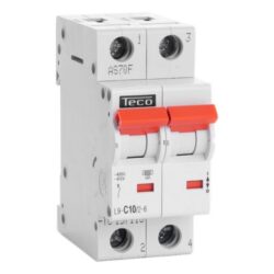 Disjoncteur bipolaire 10A 6kA courbe C, configuration visible