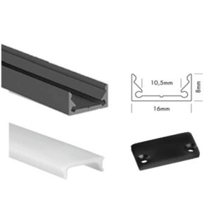 Profilé LED encastrable noir 300 cm avec diffuseur opaque et support de fixation