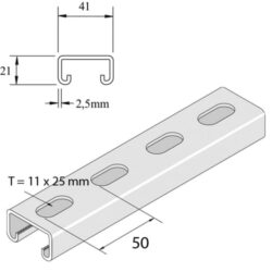 Rail de montage perforé 41x21 sendzimir, configuration visible
