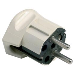 Fiche 2P+T 16A ivoire sortie latérale angulaire broches mâles et terre IP20