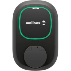 Borne de recharge noire murale avec prise Type 2, contour LED vert et capot circulaire en façade